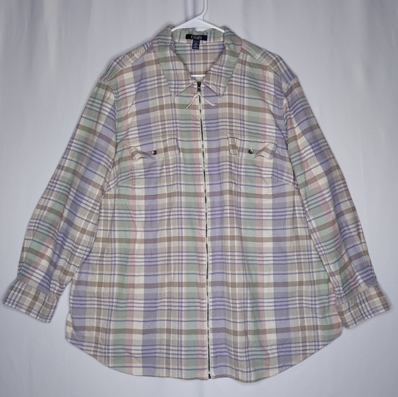 Tops - Chaps Flannel Plaid Shirt Women 2XL Zip Collar Purple Beige Pastel Multicolor XX